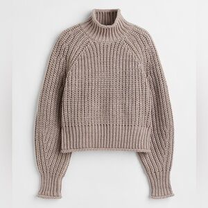 H&M Chunky Wool Blend Cable Knit Mock Neck Sweater Taupe, XS
